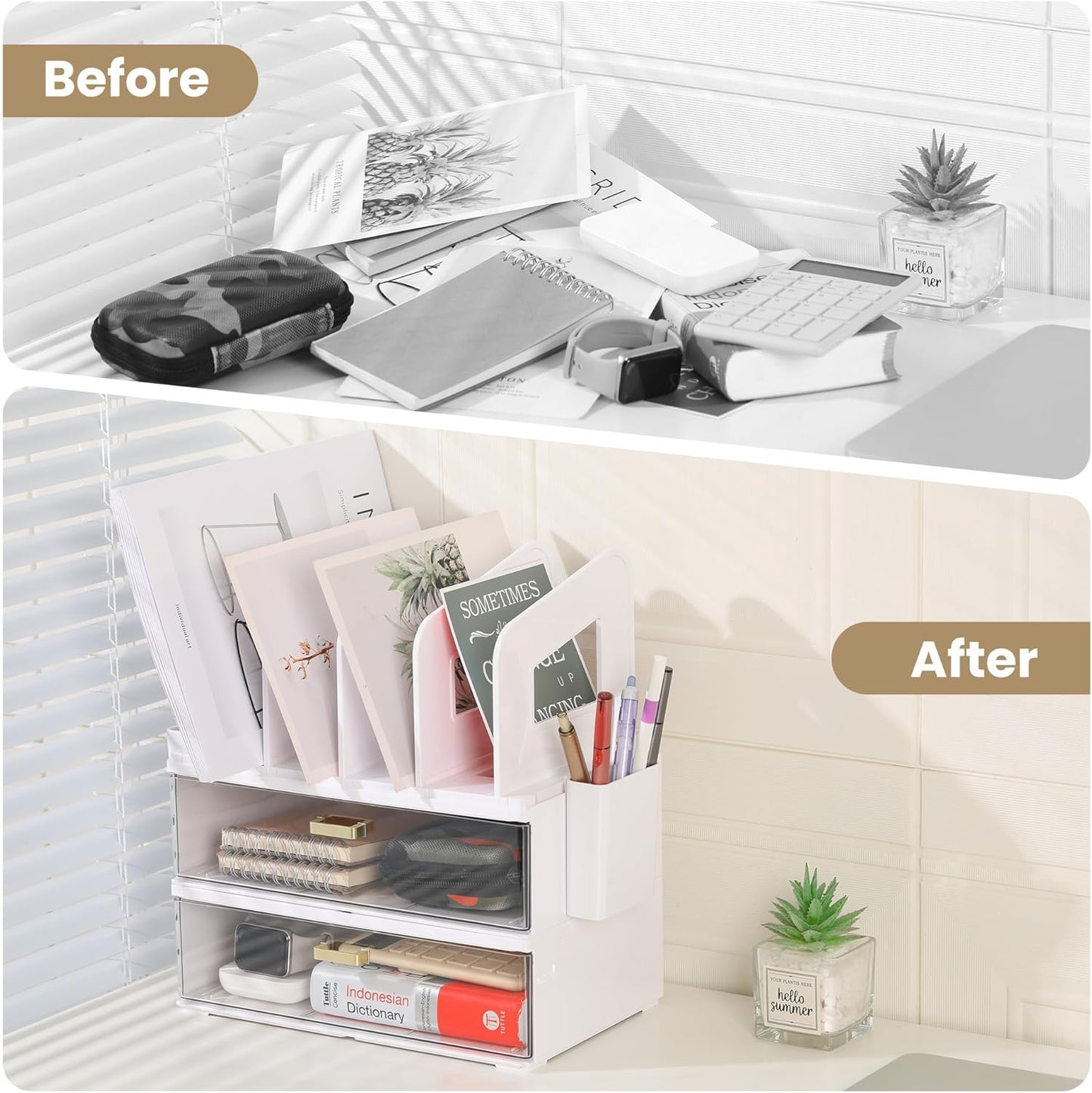 LALOBLUE Acrylic Desk Organizer with Drawer and Vertical File Holder, Desk Organizers and Accessories, Multi-Functional Office Supplies Organizer for Home or Work Desk, White