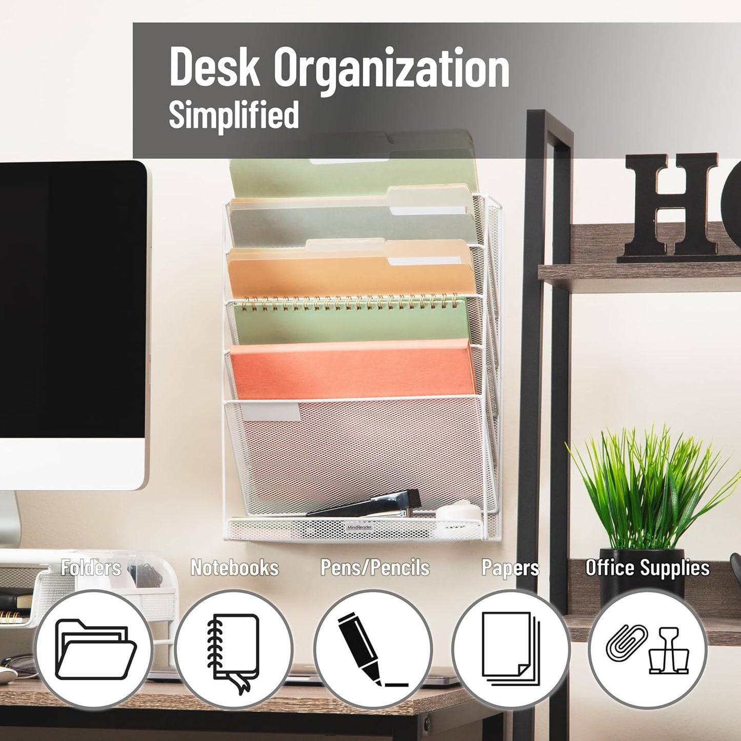 Mind Reader 5-Pocket Vertical File Storage, Desktop Organizer, Wall Mount, Office, Metal Mesh, Pink