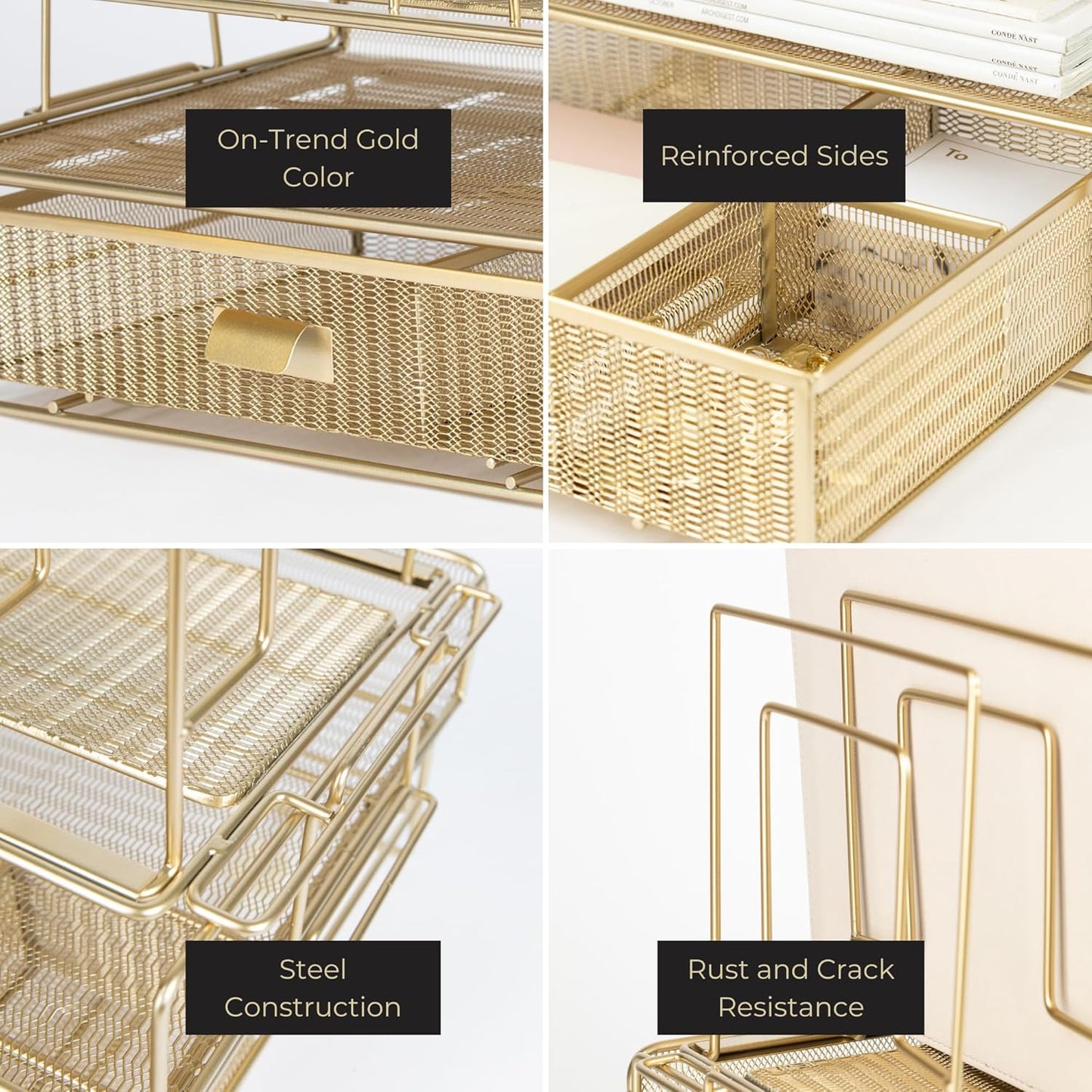 BLU MONACO | Gold Desk Organizer Set with Detachable File Organizer, Stackable Paper Tray & Storage Drawer | Stylish Gold Desk Accessories for Women & Office Organization