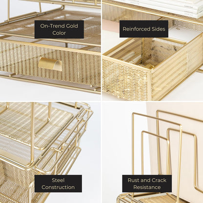 BLU MONACO | Gold Desk Organizer Set with Detachable File Organizer, Stackable Paper Tray & Storage Drawer | Stylish Gold Desk Accessories for Women & Office Organization