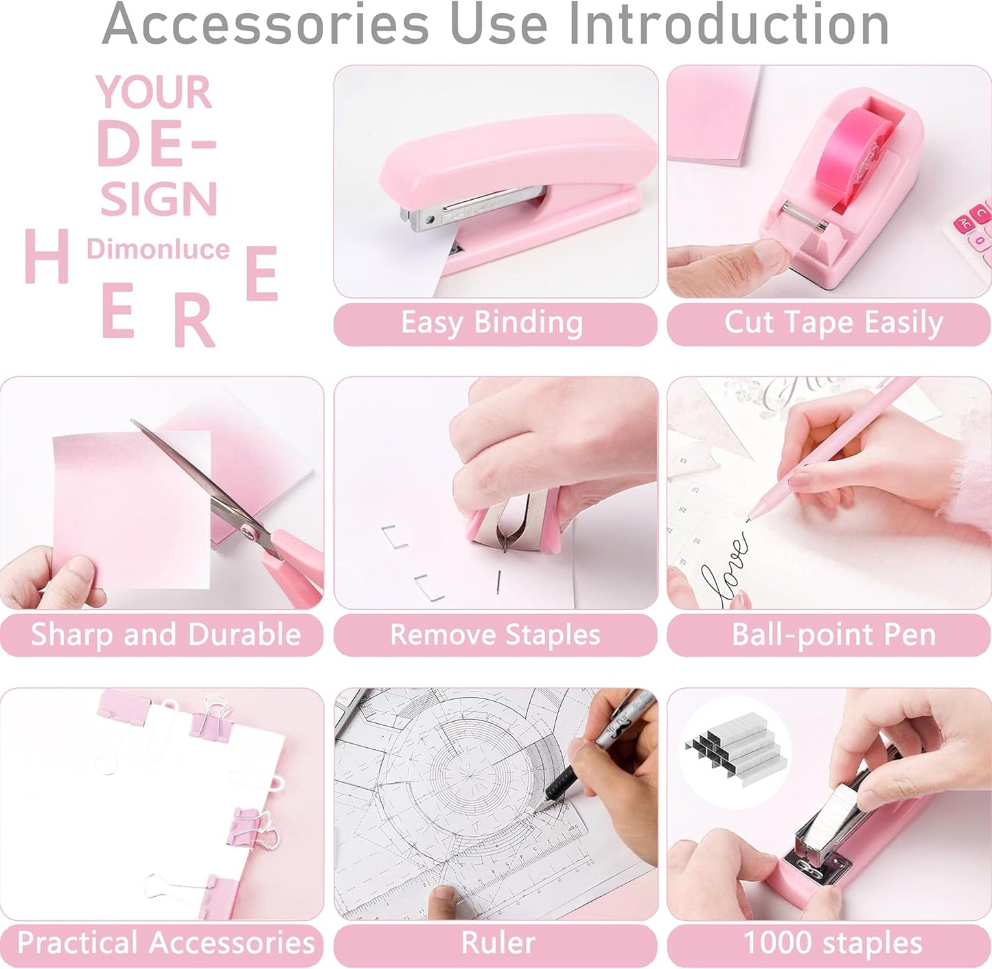 Gold Desk Accessories, Office Desk Organizers and Accessories 360°Pen Holder Acrylic Stapler Set, Phone Holder, Ballpoint Pen, Scissor, Binder Clips, Ruler, Transparent Glue, Sticky Note and Staples.