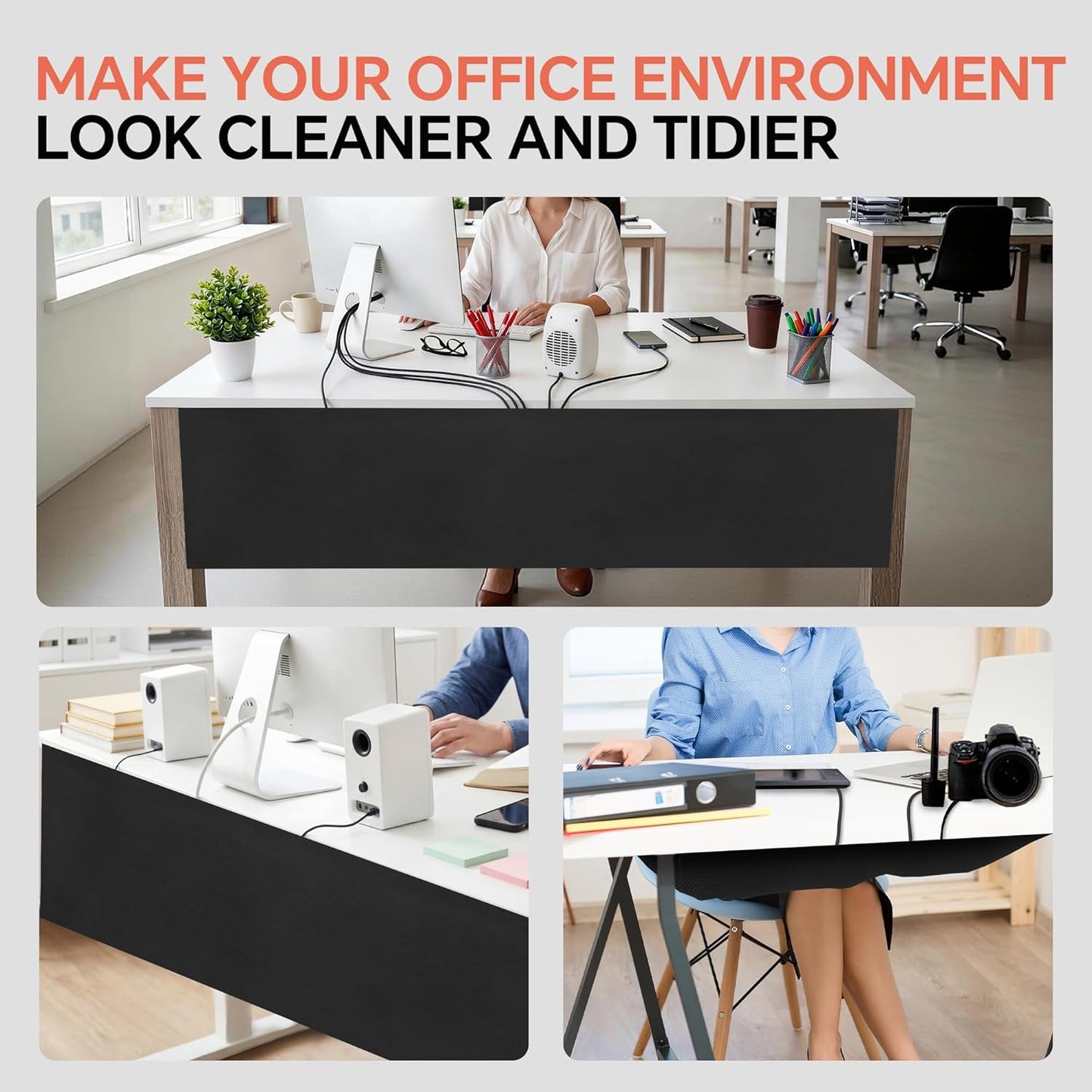 MABOZOO Under Desk Privacy Panel with Cable Management Net, Self Adhesive Desk Skirt with Cord Organizer for Home Office, Standing Desk, Wire Management Under Desk Accessories (Black)