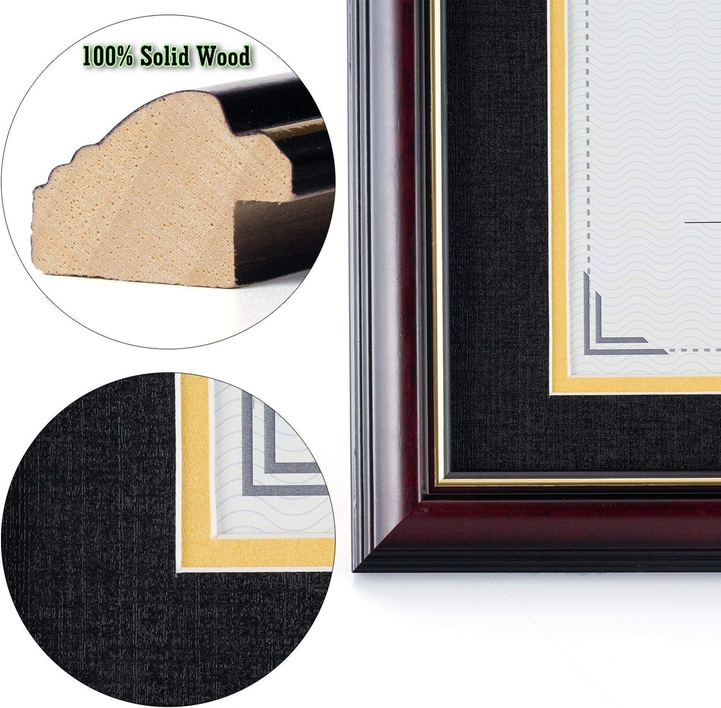 ELSKER&HOME Diploma Frame - Wide Solid Wood Frame - Black Velvet Golden Rim Mat - Semi-Tempered Glass - Includes Hanging Hardware and Desktop Easel(ONLY Display 11×14 Document/Certificate)