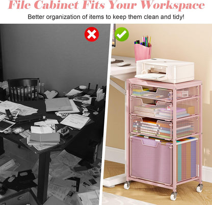 Sbanmao Rolling File Cart with 4 Storage Drawers, Mobile File Cabinet with Wheels, Hanging File Organizer, Under Desk Printer Stand Utility Cart Filing Cabinet for Home Office, Black