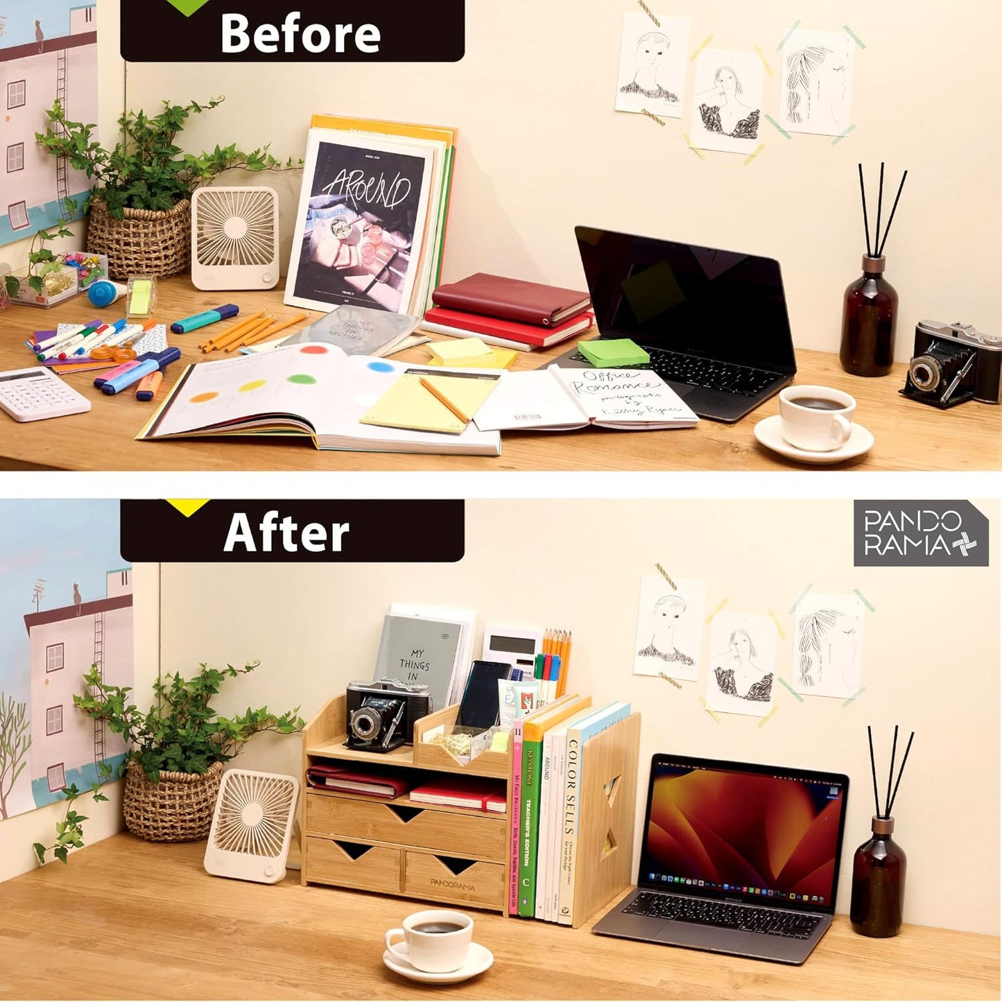 Pandorama Bamboo Desk Organizer Large - A4 Drawers & Adjustable File Holder, Fully Assembled Wood Desktop Storage for Kitchen, Bedroom, Bathroom, Study Room