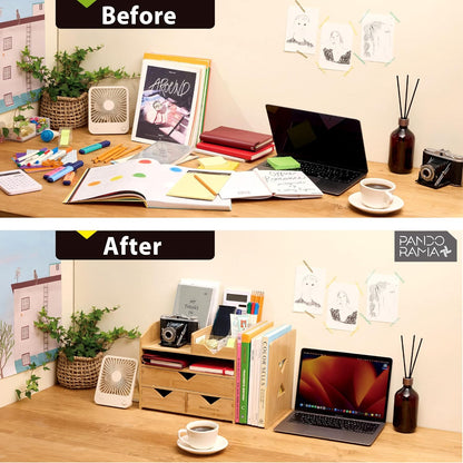 Pandorama Bamboo Desk Organizer Large - A4 Drawers & Adjustable File Holder, Fully Assembled Wood Desktop Storage for Kitchen, Bedroom, Bathroom, Study Room