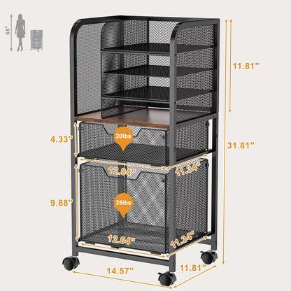 5-Tier Rolling File Cart Under Desk with Drawers, File Cabinet Organizer for Hanging File Folders, Letter-Size File Storage with Wheels, Multi-Layer Mobile Filing Cabinet for Under Desk Storage