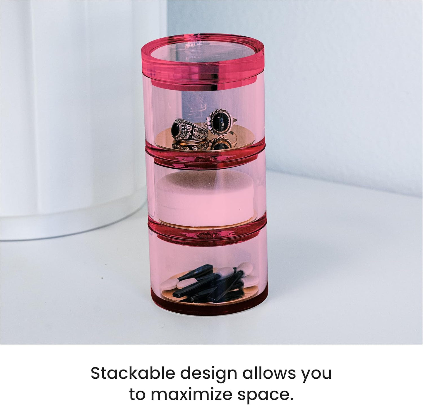 OfficeGoods 3-Tier Stackable Acrylic Holder- Stylish Desk Organizer and Storage for Office or Home – Transparent Round Design with Gold Metal Base