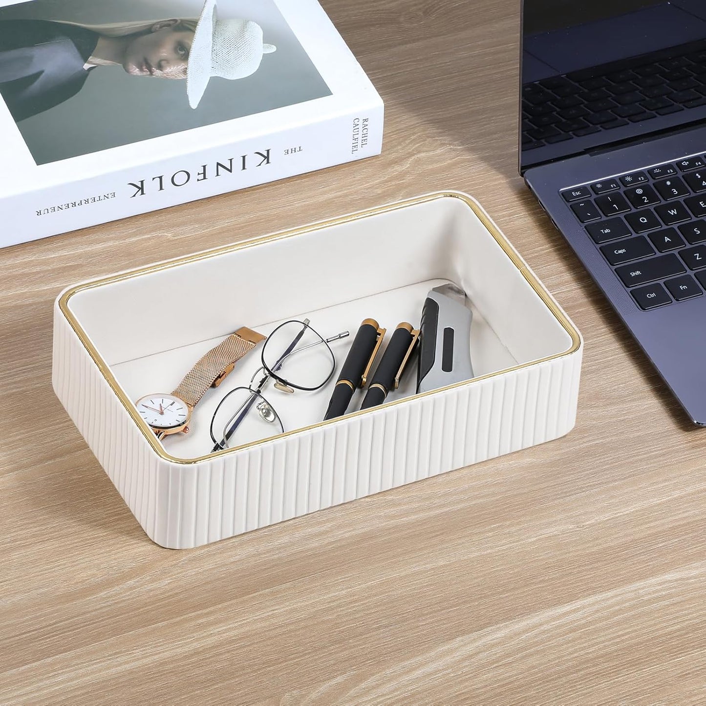 Desk Organizer Tray, PU Leather Nightstand Organizer Perfume Valet Tray for Men Women, Decorative Vanity Trays Trinket Dish Key Bowl for Entryway Table (2pcs, Ivory, Large+Small)