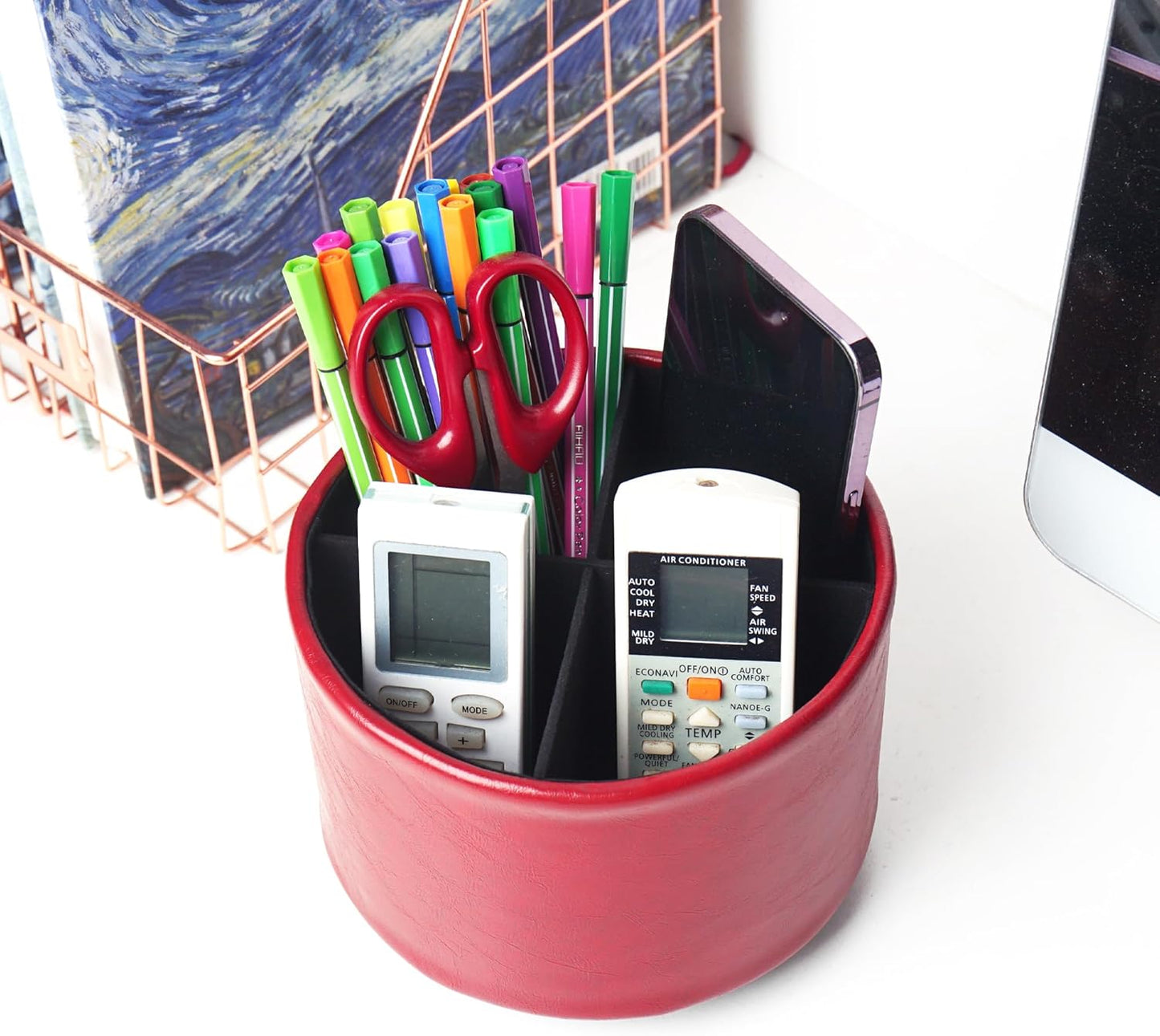 Hennaja Round Leather Art Supply Organizer,Remote Control Holder,360 Degree Rotating,Multi-Functional Pencil Holder,4 Compartments Desktop Stationary Organizer(1-Blue Bird) - Colors A