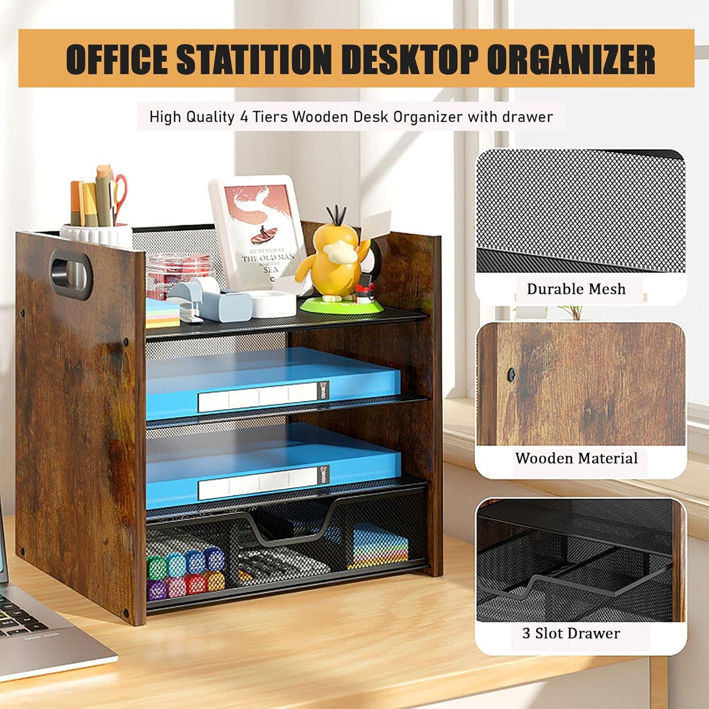 Wood Desk Organizer - 3-Tier Desktop File Organizer with Drawer, Wooden Paper Tray, Office Desk Organzier and Accessories for Papers, Mail, Notebooks, Stationery