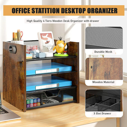 Wood Desk Organizer - 3-Tier Desktop File Organizer with Drawer, Wooden Paper Tray, Office Desk Organzier and Accessories for Papers, Mail, Notebooks, Stationery