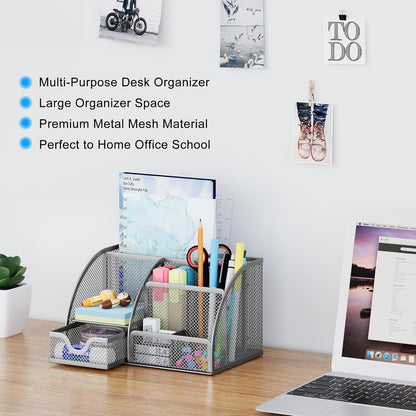 EasyPAG Mesh Desk Organizer with Drawer Multi-functional Pen Holder Stationery Organizer for Office School Supplies 6 Compartments Dorm Organizers and Storage for Desk, Black