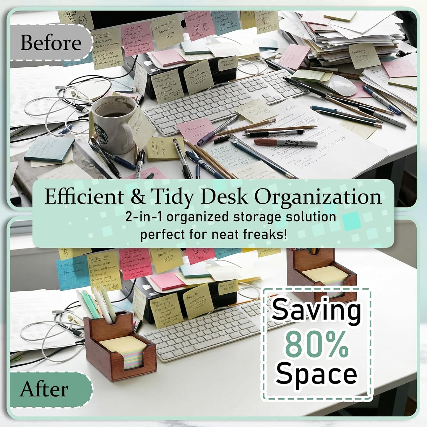 Crtiin 2 Sets Wood Sticky Note Holder, 2-in-1 Pen and Sticky Note Dispenser with 200 Sheets 3x3 Inches Sticky-Notes, Walnut Color Pen Holder for Office Home School Dorm Room Desk Organizer
