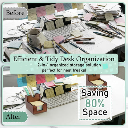 Crtiin 2 Sets Wood Sticky Note Holder, 2-in-1 Pen and Sticky Note Dispenser with 200 Sheets 3x3 Inches Sticky-Notes, Walnut Color Pen Holder for Office Home School Dorm Room Desk Organizer