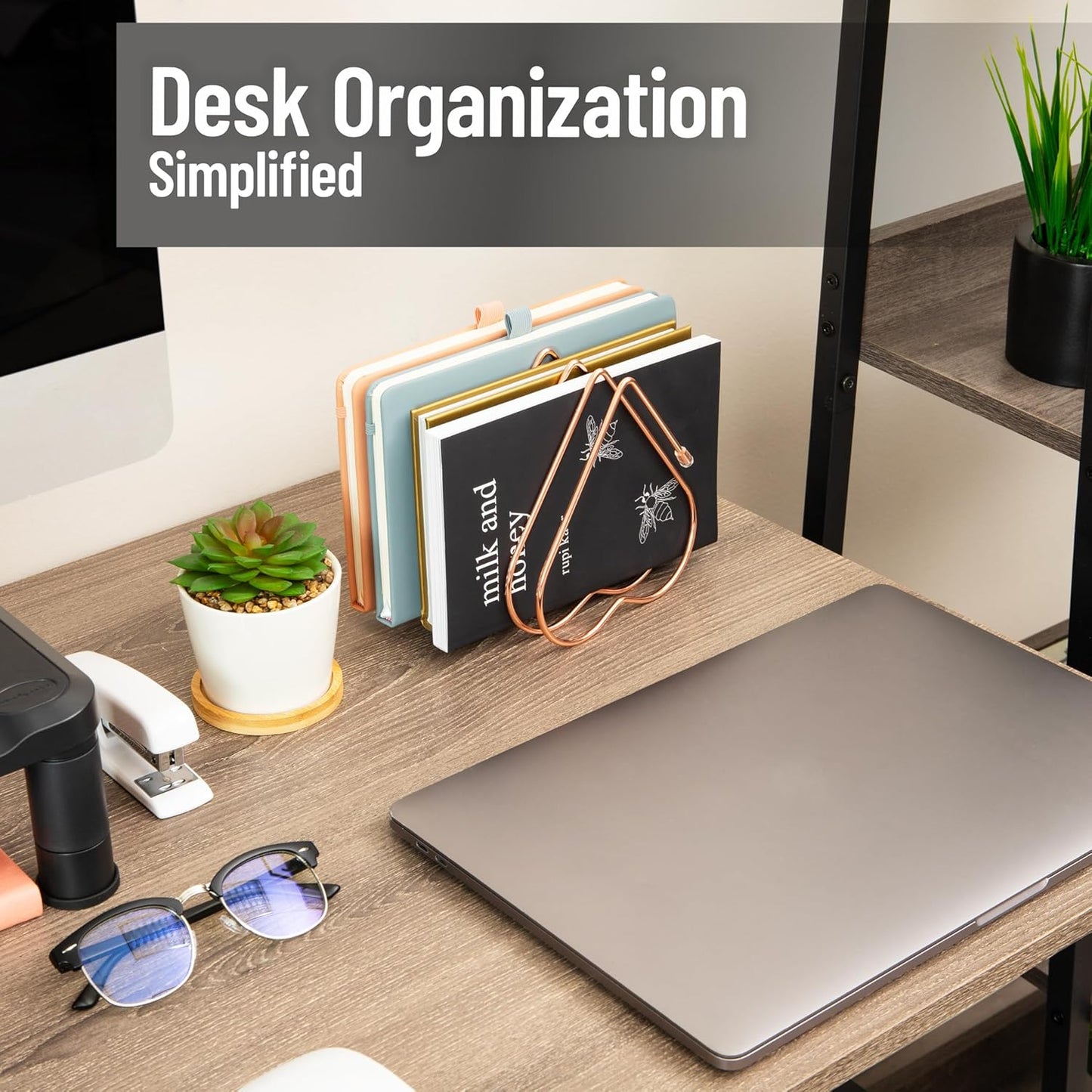 Mind Reader Heart-Shaped Desktop File Organizer, 5-Slot Metal Folder Rack, Magazine & Book Holder, Rose Gold