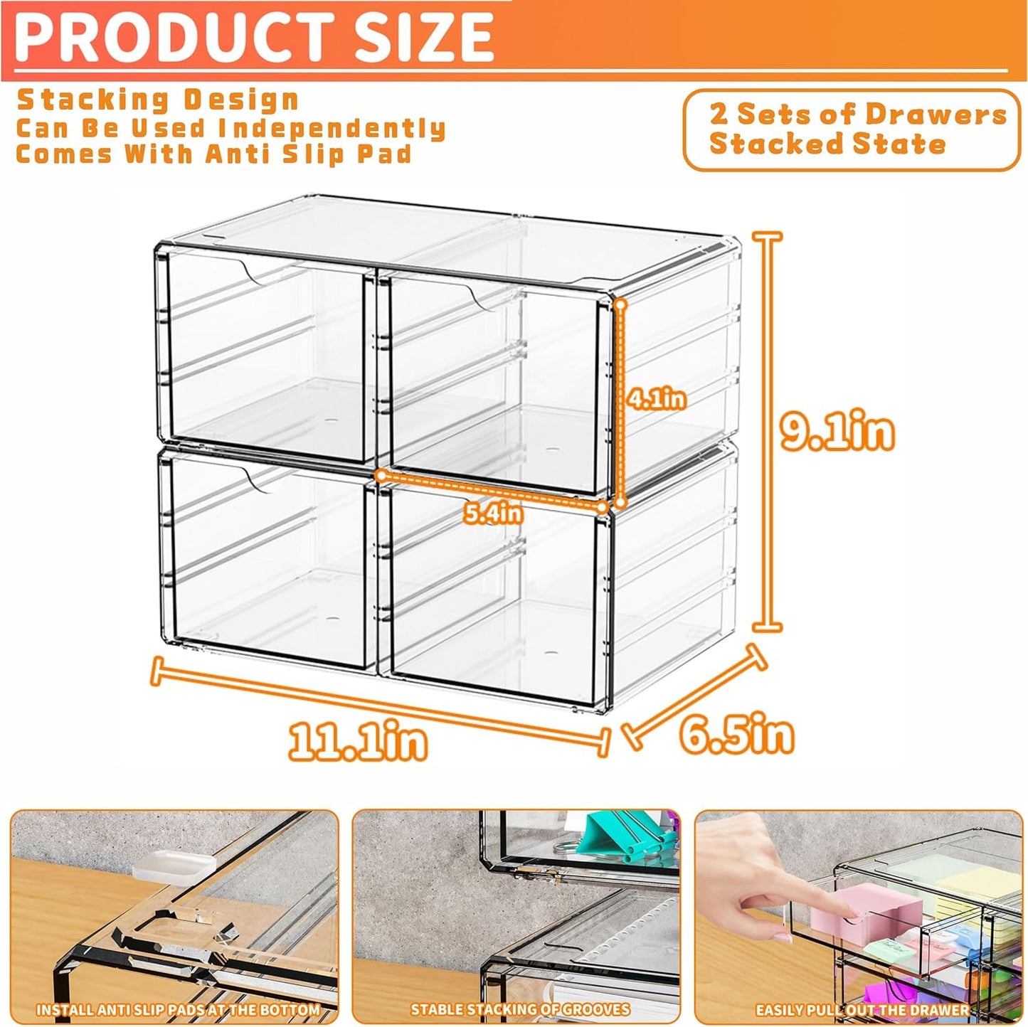 Yieach 2 Pack Acrylic Storage Drawers With 6 Drawers,Stackable Desk Organizer and Makeup Organizer,Large Clear Office Supplies Organizer for Pen,Stationary,Palettes,Arts Craft Organizers and Storage