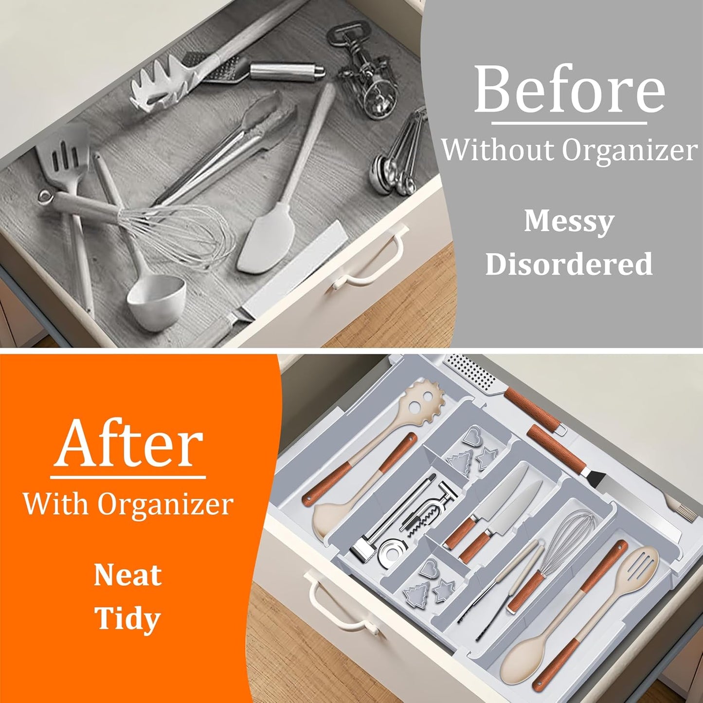 Spaclear Large Utensil Drawer Organizer Expandable Silverware Organizer for Kitchen Drawer Adjustable Cooking Utensil Holder Cutlery Flatware Tray Spatula Tools Gadgets Storage Dividers Plastic Black