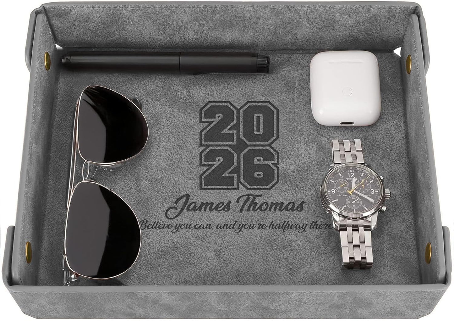 Engraved Leather Valet Tray for Men – Personalized Catchall with Custom Name for Desk, Dresser, Nightstand – Men's Organizer Tray for Keys, Wallet, Jewelry, Personalized Gift for Home, Office - Coffee