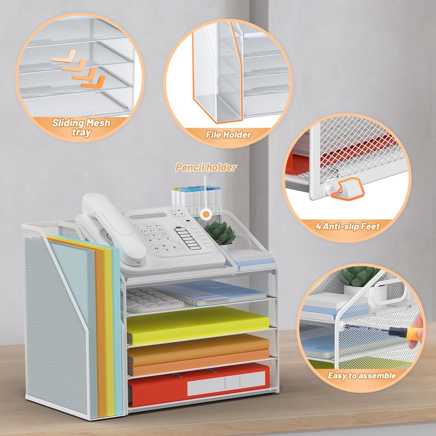 DocNest 4 Tier Metal Mesh Letter Tray - Space Saving Desk File Organizer with Handle, Pen Holder & Folder Holder - Desktop Document Sorter for Office, Home, School, Classroom - Black