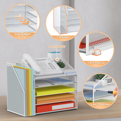 DocNest 4 Tier Metal Mesh Letter Tray - Space Saving Desk File Organizer with Handle, Pen Holder & Folder Holder - Desktop Document Sorter for Office, Home, School, Classroom - Black
