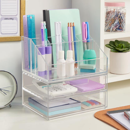 STORi Chloe Space-Saving Clear Drawer Organizer (4 Wide Drawers) Sort Office, Kitchen, Beauty Supplies, Makeup, Pens, Jewelry, Stationary, Made in USA