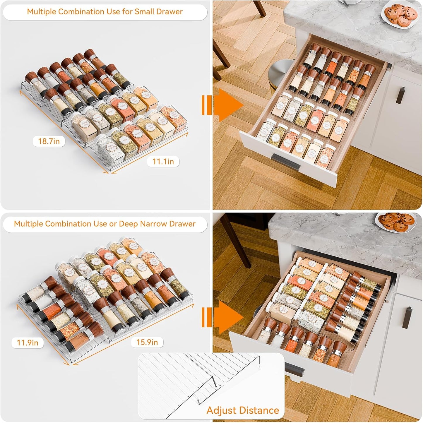 Yieach 4 Pack Adjustable Narrow Spice Rack for Drawer - Expandable From 9" to 17.7" - Acrylic Drawer Seasoning Organizer,Tiered Clear Spice Tray for Spices,Condiment,Nail Polish and Jar Organization