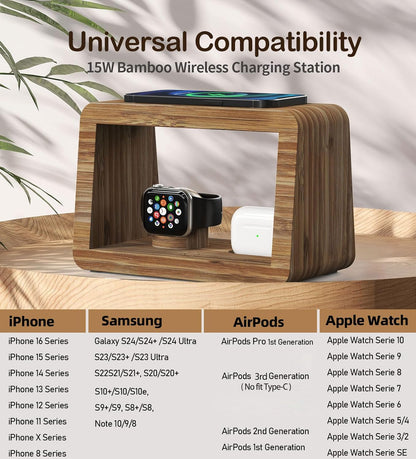 Bamboo Wireless Charging Station with Light: Ideal Gifts 4 in 1 Charging Station for Multiple Devices, Bedside Wireless Charger for iPhones 16-8/Pro/AirPods/iWatch