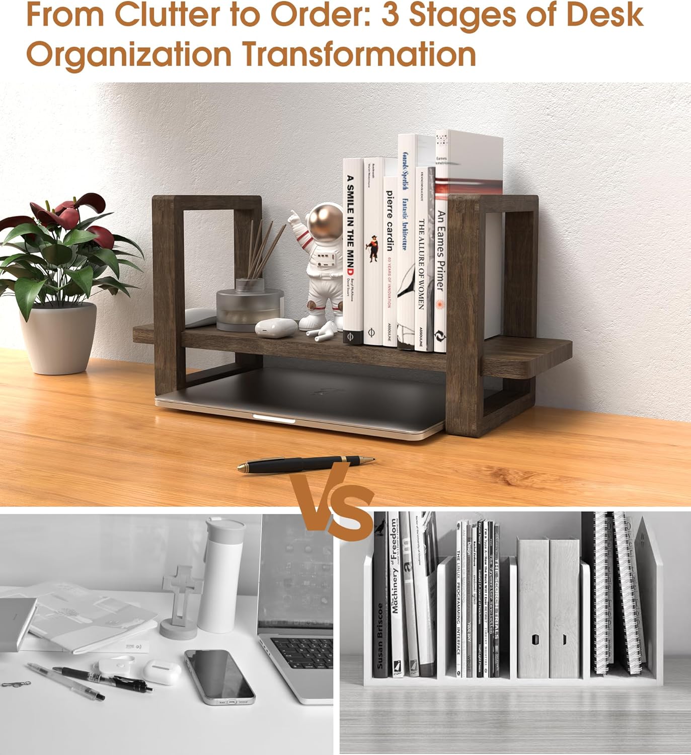 Small Adjustable Desk Bookshelf Organizer – Open Bookend Shelf Flexible to Fit as Much or as Little with Slide-in Joints | Portable, Reversible for Class, Dorm, Home Office | Bamboo