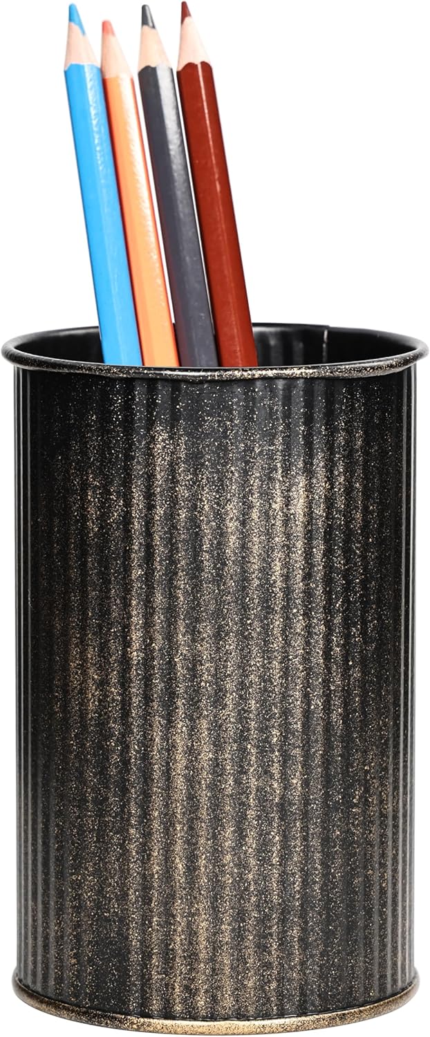 Metal Pen Holder with Vertical Groove Design, Multipurpose Desk Organizer Cup for Pens, Makeup Brushes, Utensils, Straws & Small Vase, Solid Black