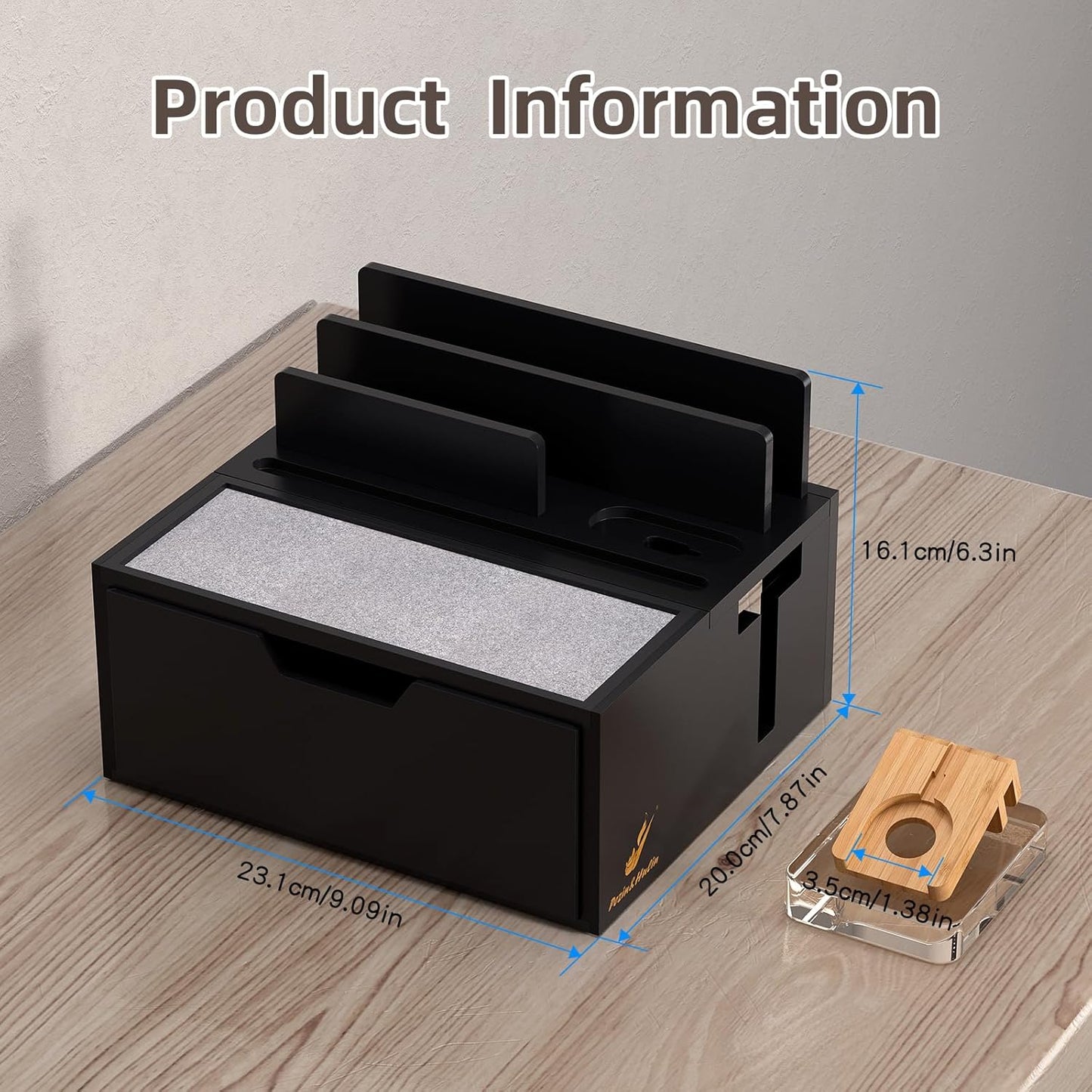Pezin & Hulin Bamboo Charging Station for Multi Device, with Power Charger & Cables, Nightstand Docking Station with Lined Tray & Drawer, Compatible with Tablet, Cell Phones