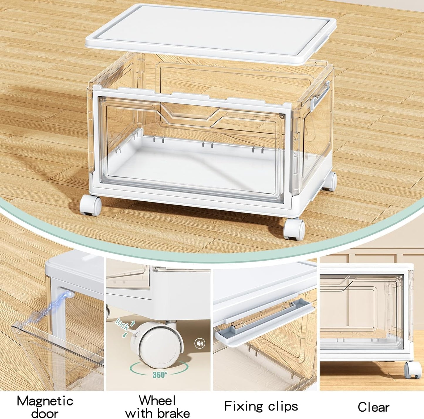 Kmiectse Clear Storage Bins with Lids - 4 Tier Plastic Bins with Wheels, Stackable Storage Bin, Closet Organizers Box for Bedroom, Living Room, 23 QT Folding Box with Magnetic door