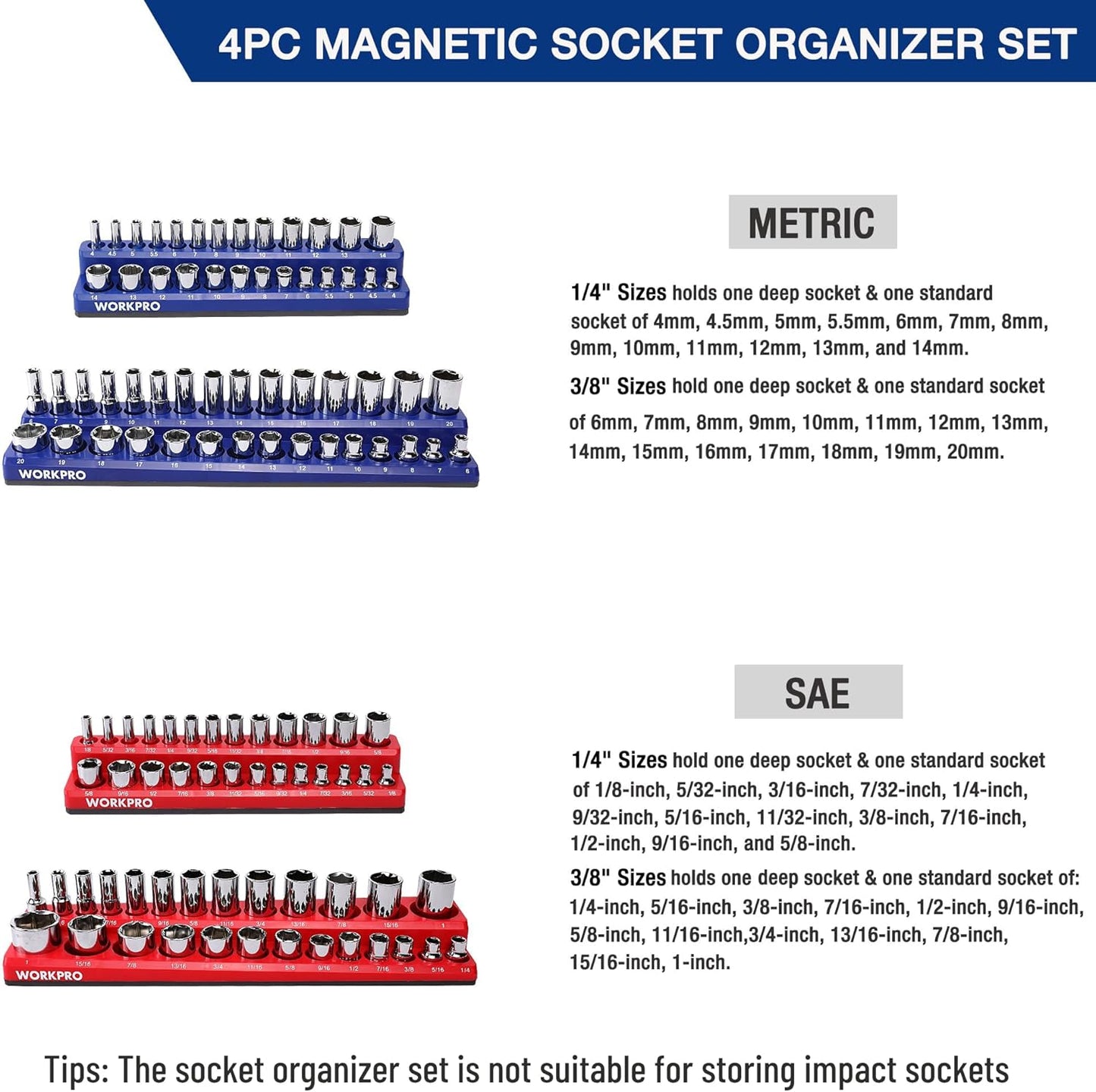 WORKPRO Magnetic Socket Organizer Set, 6-Piece Socket Holder Set Includes 1/4", 3/8", 1/2" Drive Metric SAE Socket Trays, Holds 143 Pieces Sockets, Christmas Gift for Men(Socket not Included)