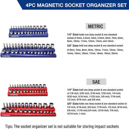 WORKPRO Magnetic Socket Organizer Set, 6-Piece Socket Holder Set Includes 1/4", 3/8", 1/2" Drive Metric SAE Socket Trays, Holds 143 Pieces Sockets, Christmas Gift for Men(Socket not Included)