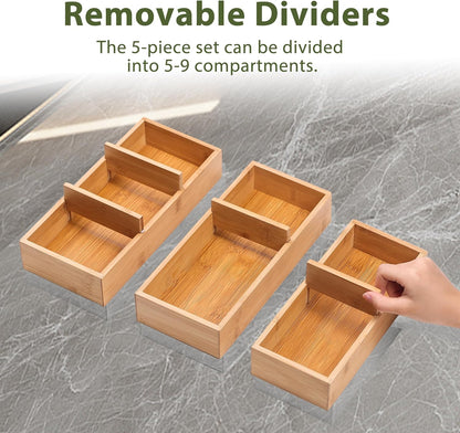 Vincona Bamboo Drawer Organizers Set, 3PCS Multi-Use Wood Storage Organizers, Desk Drawer Tray for Kitchen, Bathroom, Office, Dresser, Bamboo Box Bin for Jewelry, Makeup, Junk, Gadgets
