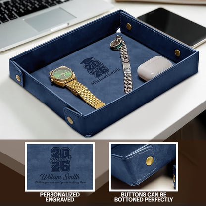 Engraved Leather Valet Tray for Men – Personalized Catchall with Custom Name for Desk, Dresser, Nightstand – Men's Organizer Tray for Keys, Wallet, Jewelry, Personalized Gift for Home, Office - Coffee