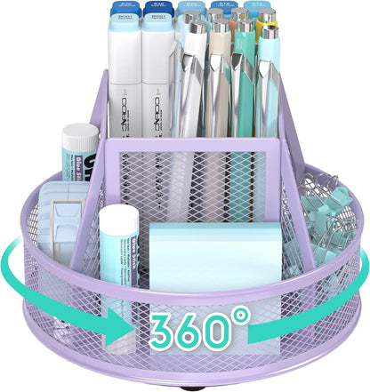 YINGHUA Metal Mesh Desk Organizer with 5 Compartments and Rotating Pencil Holder Pen and Stationery Organizer for Office Home School Anti Slip Base Blue