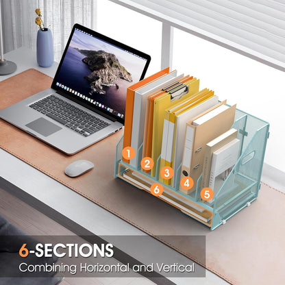Desk File Folder Holder Organizer-5 Vertical Compartments Racks and Paper Letter Tray,Mesh Magazine File Holder Sorter,Desktop Accessories & Workspace Organizers for Home,Office,School-Black