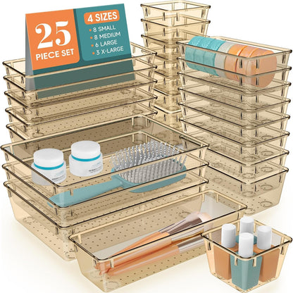 StorMiracle 16 PCS Drawer Organizer Set, 5 Varied Size Bathroom and kitchen Drawer cabinet organizer Trays, Clear Storage Bins for Makeup, Jewelry, Utensils and Gadgets