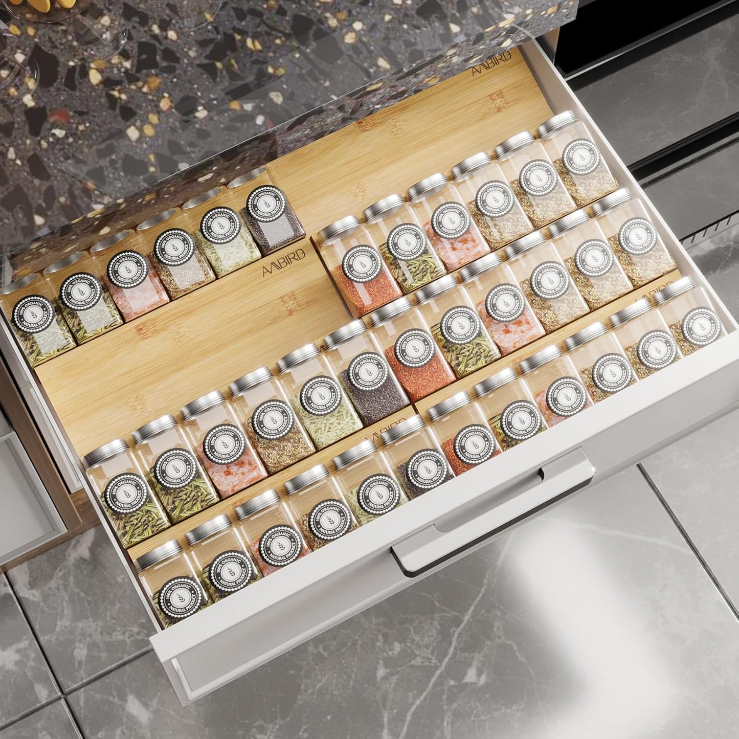 AMBIRD Spice Drawer Organizer, 4 Tier-2 Set Clear Spice Rack Tray Expandable From 11'' to 22'', Seasoning Organizer with non-slip tape for Kitchen, Cabinet, Drawers, Countertop(JARS NOT INCLUDED)
