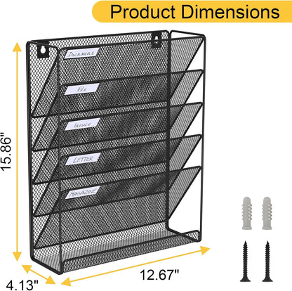 BOHDK Hanging Folder Organizer Mesh 6 Tier, Wall File Organizer Hanging Paper Organizer, Wall Mount Mail Storage, Office Organization and Storage Rack for Home Office, Black