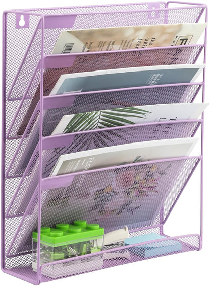 EASEPRES Desk File Organizer Mesh 6-Tier, Hanging Wall Mount Document Organization Stand, Desktop Vertical Mail Paper Folder Holder Rack with Bottom Tray for Office Home Cubicle Countertop, Black