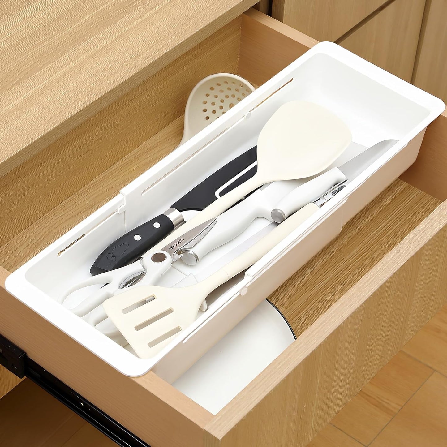 1 Pack Deep Drawer Organizer Bins, Sliding Drawer Organizer Bin Expandable and Adjustable Tray for Kitchen Utensils, Towels, BBQ Tools, Durable Plastic Sliding for Easy Storage (12.4-17.7")