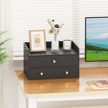 Bamboo Desk Organizer with Drawers Wooden Desktop Storage Organization Box for Bills Office Supplies Kitchen Utensils Organizing Tool for Home Classroom Vanity, No Assembly Required (3 Drawers, Black)