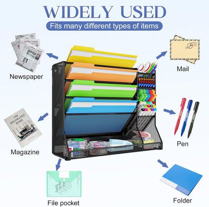 Jakyitvi File Organizer Wall Mounted, 4 Tiers Durable Adjustable Metal Desk Organizer, Desktop Hanging File Holder with 4 Pen Slots Stable, 4 Pull-Out Divider for File, Mail, Black, Patent Pending