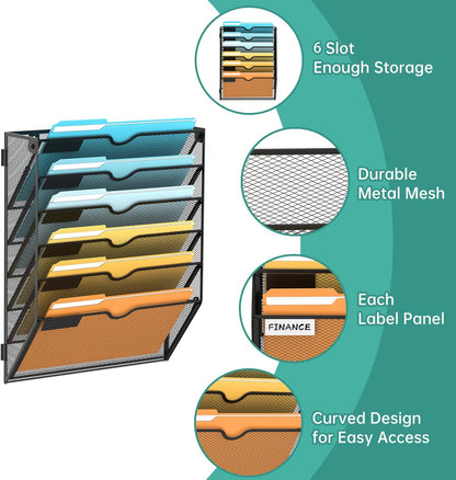 SUPEASY 5 Tier Wall File Organizer, Hanging Wall Mounted Mail Organizer with Label Slots, Metal Mesh File Holder Magazine Rack for Office, Home, School or Classroom, Black