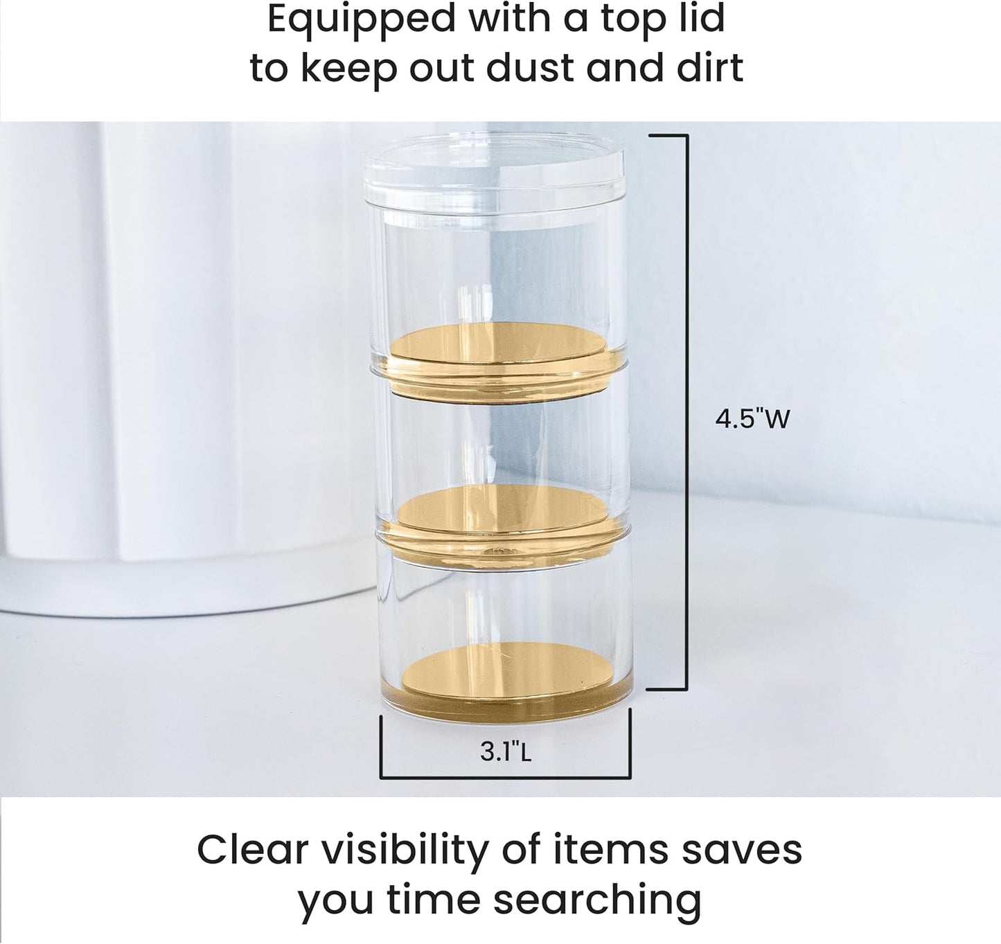 OfficeGoods 3-Tier Stackable Acrylic Holder- Stylish Desk Organizer and Storage for Office or Home – Transparent Round Design with Gold Metal Base