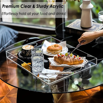 2 Pack Serving Tray with Handles, Clear Acrylic Tray for Serving Food, Large Outdoor Food Trays for Eating, Lucite Acrylic Trays for Appetizer, Pizza, Fruit and Drinks, Unbreakable, 16"×12"