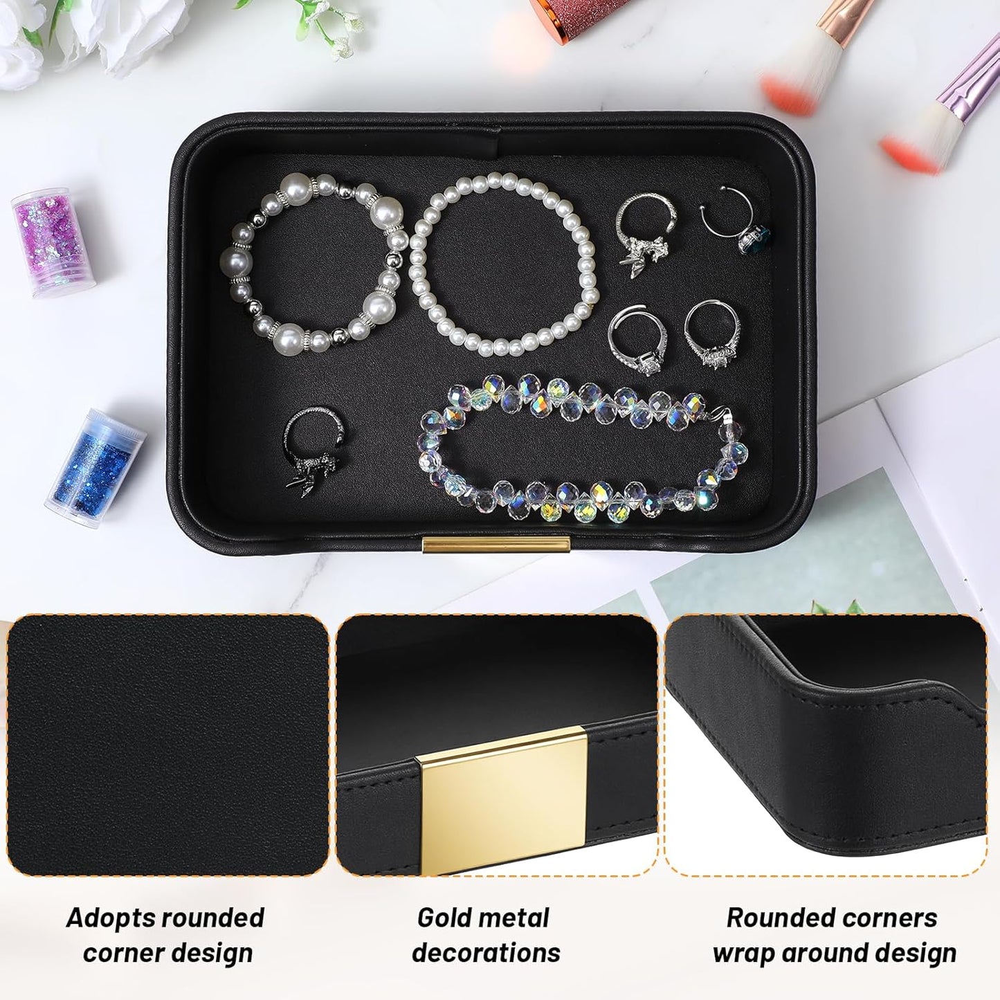 Luxury Leather Valet Tray Desktop Storage Organizer, Bedside Vanity Catchall Tray Nightstand Caddy Holder for Cosmetic, Jewelry, Watch, Keys, Phone,Wallet, Remote Controller, Pen (Black)