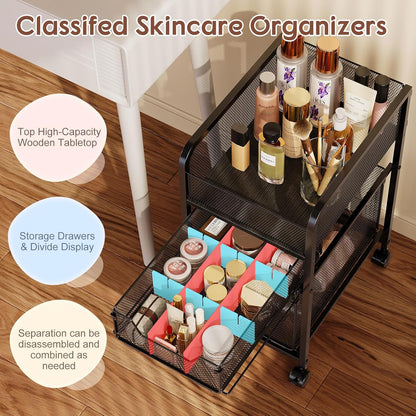 Hongtamoya Rolling Makeup Cart Organizer with 2 Drawers, Narrow Floor Skincare Organizers, Vanity Organizer Cosmetics Display Cases Holder for Skin Care Nail Polish Perfume Makeup Brush, White
